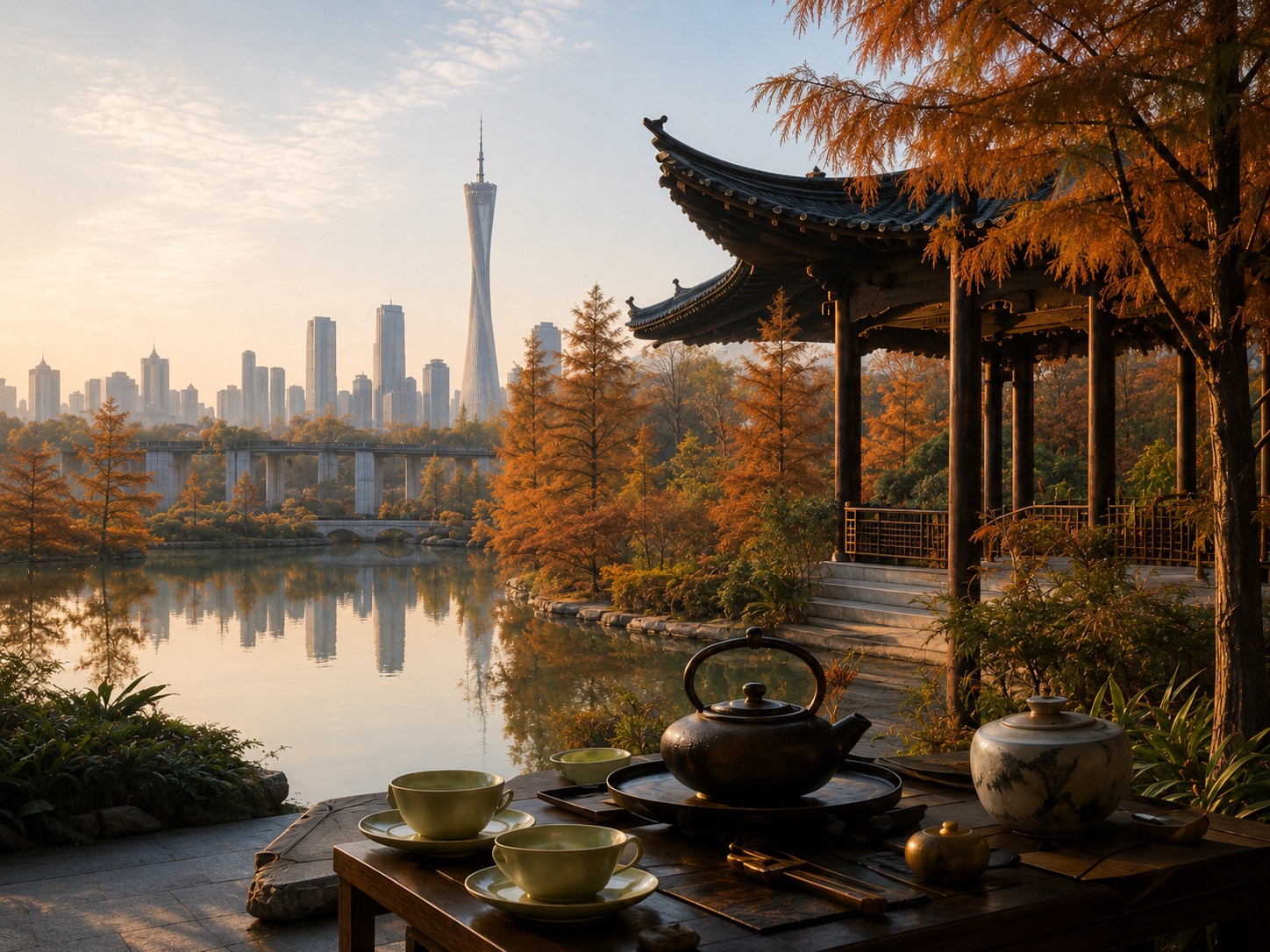 Traditional garden tea setting with Guangzhou skyline