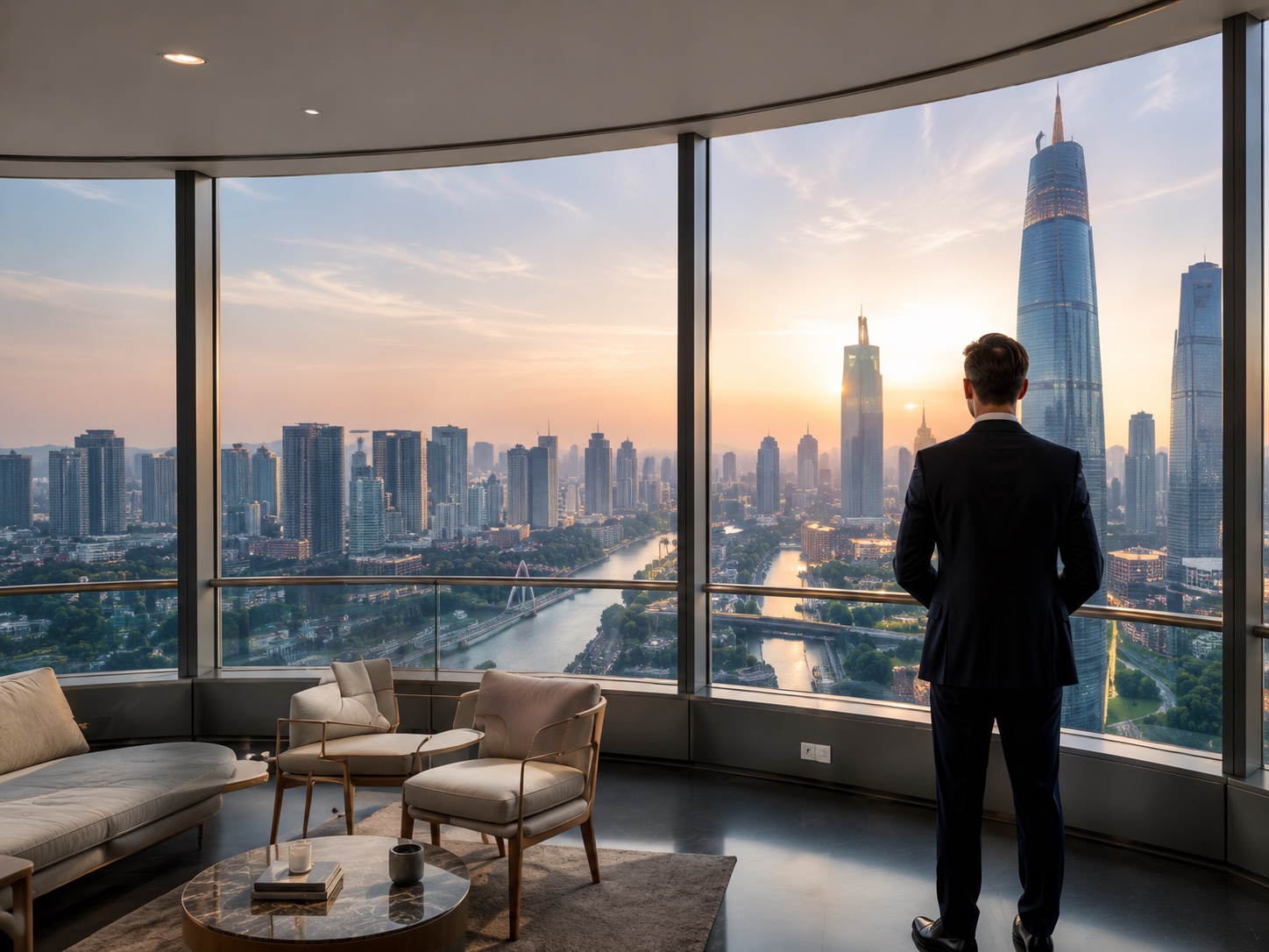Private executive consultation office overlooking a city skyline